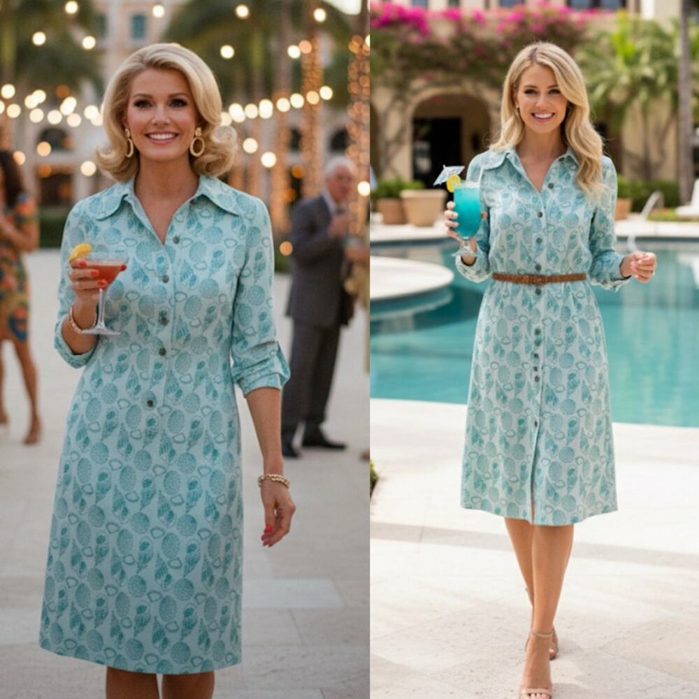 Vintage Kimberly Turquoise Seashell 1960s Retro Long Sleeve Collared Dress